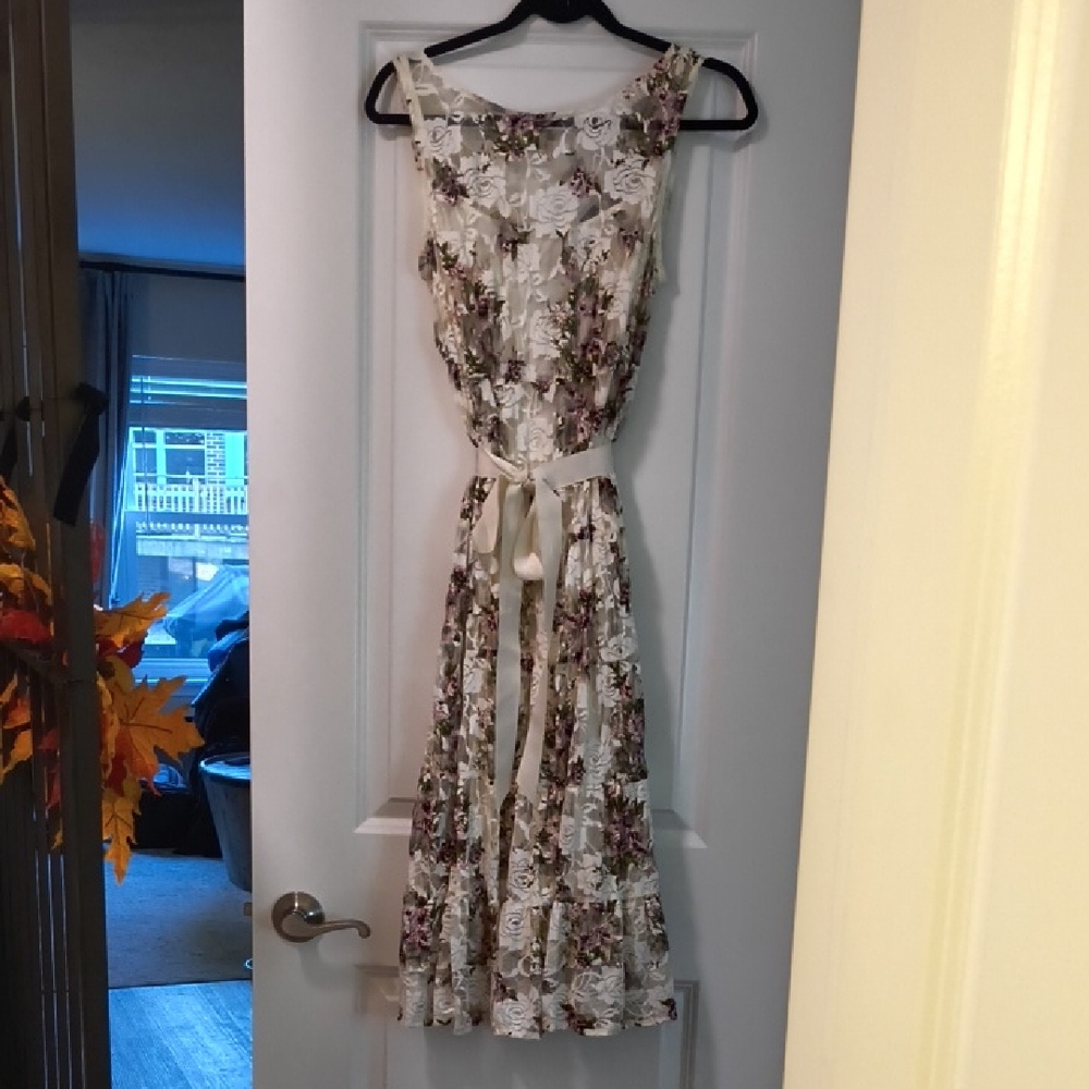 SLNY Cream and Purple Floral Midi Dress